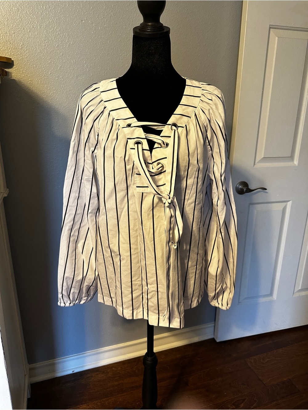 LOFT White Blouse with Black Vertical Stripes